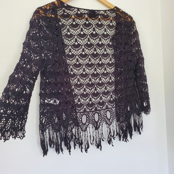 NWOT Sz XS Black Open Crochet Knit Open Style Cardigan Fringe 3/4 Sleeve BOHO - Picture 15 of 15